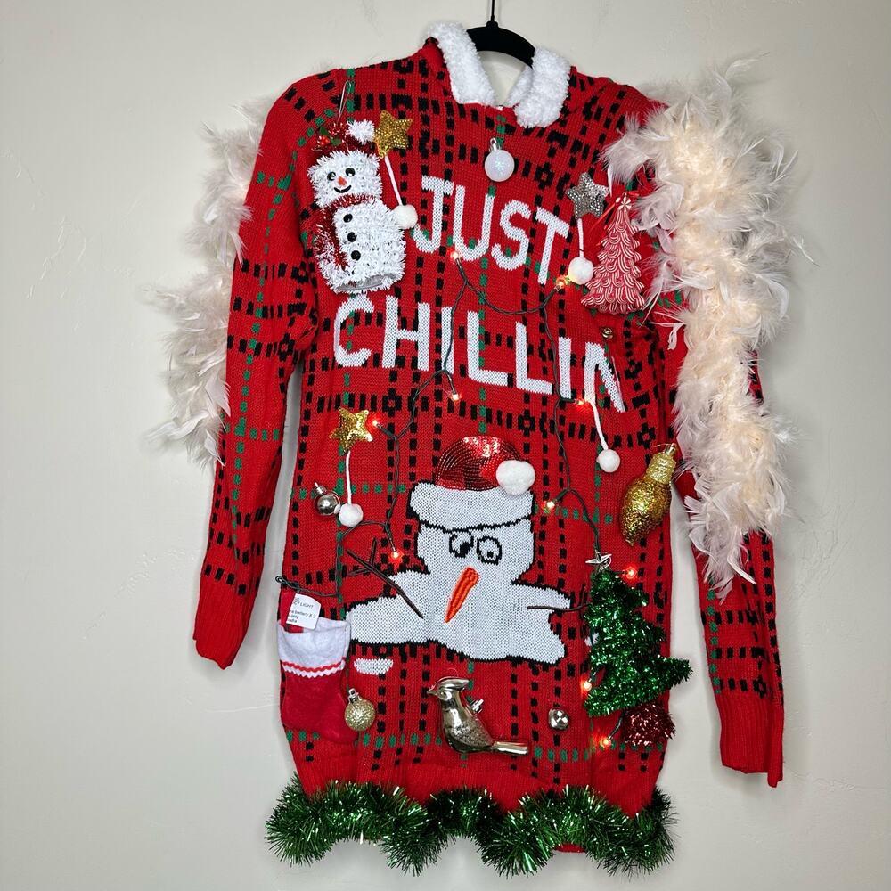 Ugly Christmas Sweater Dress Tunic Snowman LIGHTS UP Tinsel Xmas Party Winner
